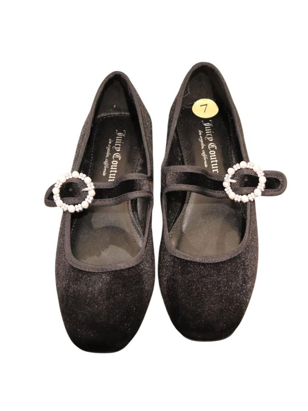Juicy Couture Black Velvet Mary Jane Flats Pearl Buckles Size 7